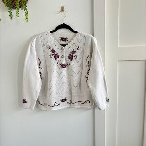 Handmade Vintage Women's Unique Floral Knit White Sweater Button Details Medium